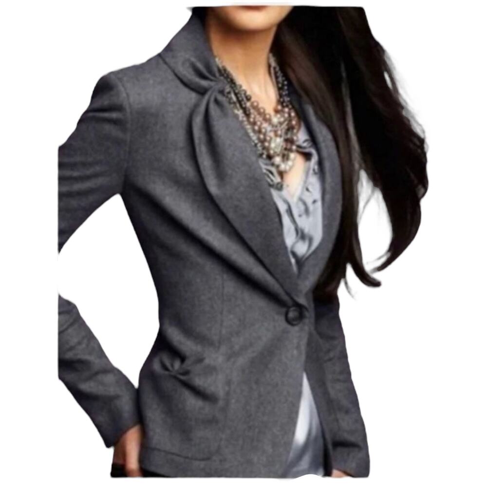 Talbots Kate Fit Wool Blazer Jacket grey pleated ruffel accents 4